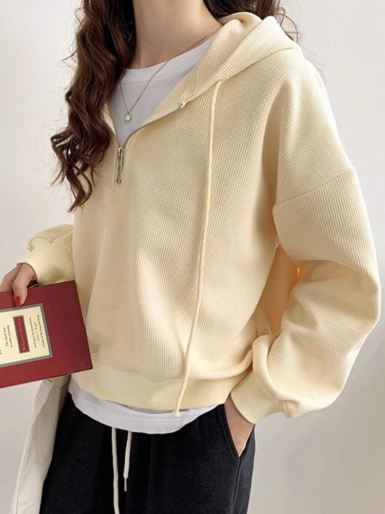 Zip Sweatshirts Women Hoodies Long Sleeve White Pullovers Female Thin Tops Loose Casual Streetwear Waffle Pulls Drop Shoulder