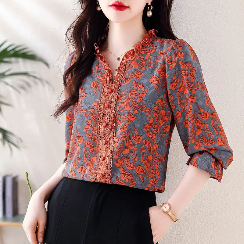 2024 New Summer Oversized High Waist Bohemian Casual Women's Shirt Korean Style Button Lotus Leaf Collar Long Sleeve Chic Tops