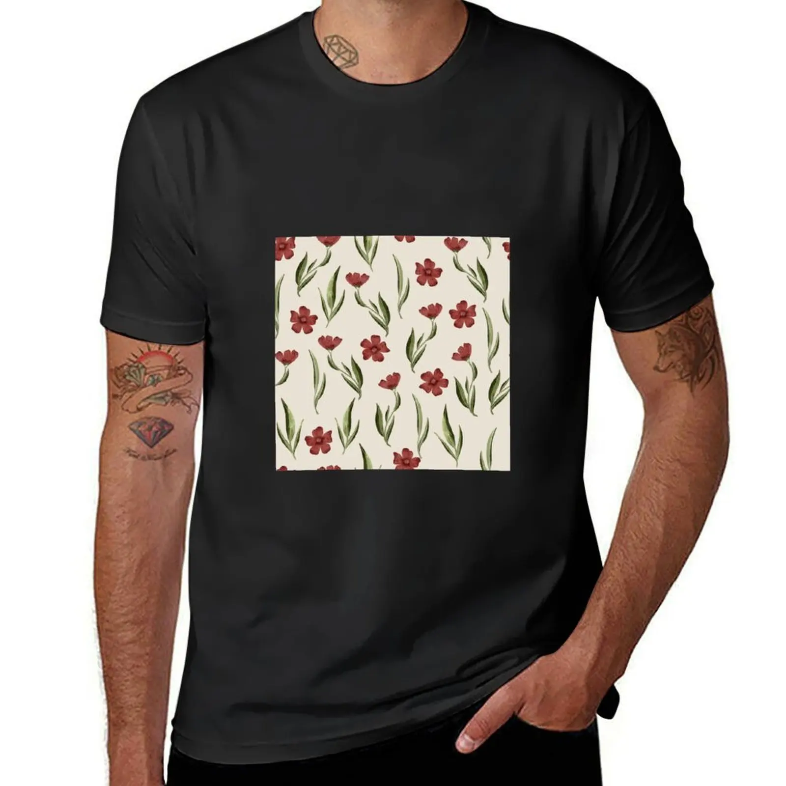 

Delicate red flowers pattern T-Shirt vintage clothes oversized black t shirts for men