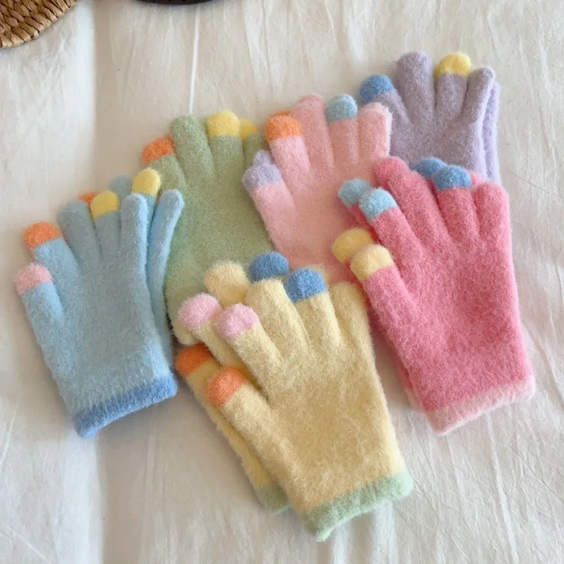 Candy Colour System Plush Kids Gloves Kids Winter Cold Warm Thickened Gloves Children Windproof Five-finger Glof Coloured Glof