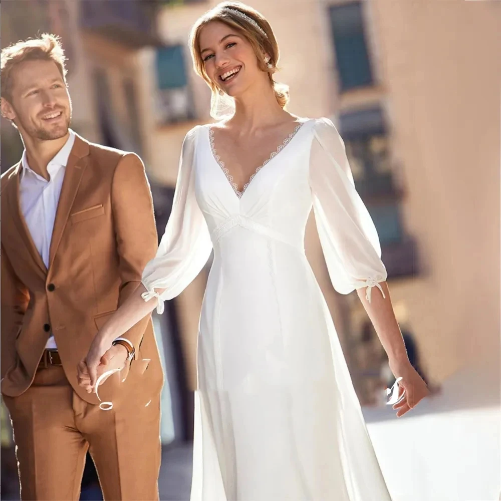 Glamorous Wedding Dresses Elegant Bridal Gowns Long Puff Sleeves Robes Chiffon Tiered Deep V-Neck Vestidos De Novia Customzied 3