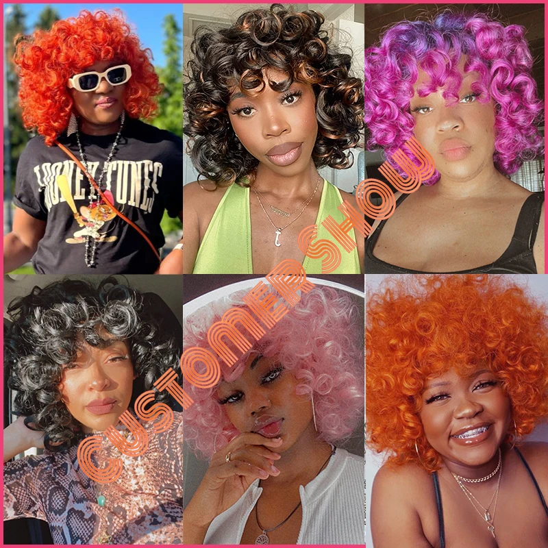 Short Loose Curly Wigs for Women Ginger Afro Kinky Curly Bob Wig with Bang Natural Synthetic Cosplay Hair Wig Red Brown Pink