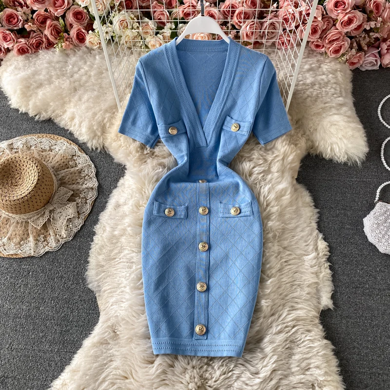 

2023 Summer Dress Women Fashion French Style Deep V-neck Sexy Dress Bottoms Up Dresses for Women Knit Dress Short Dress Zm3034