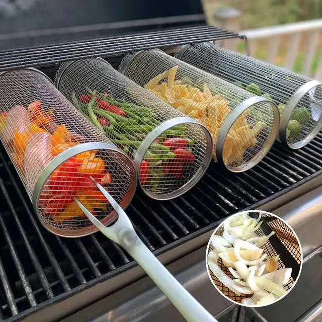 2Db 360 ° Bbq Grill Kosár Ketrec Rozsdamentes Acél Üreges Pörkölt Állványok Sütés Zöldségek Hús Grillező Szerszámok Kiegészítő