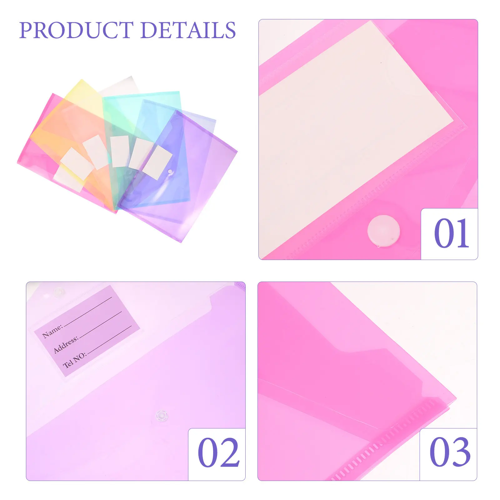 6Pcs 투명 문서 가방 스냅 버튼이 있는 PP 파일 폴더 실용적인 파일 저장 주최자 경량 사무실 학교 문서