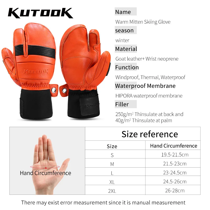 KUTOOK Goat Skin Winter Ski Gloves Mittens Thermal Skiing Snowboard Gloves for Men Leather Mountaineering Protection Accessories 6