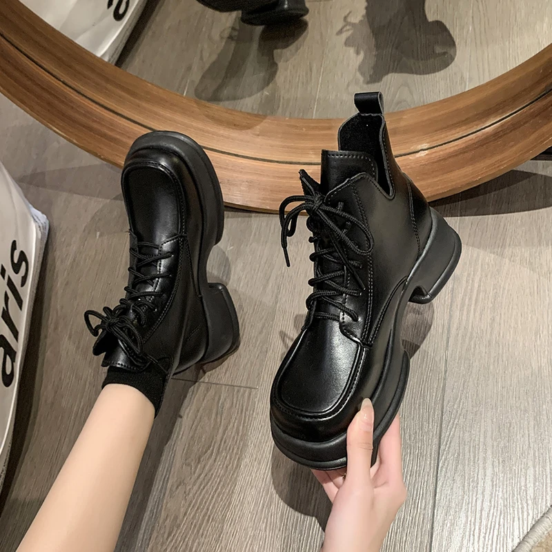 Ladies Shoes 2023 Hot Sale Lace Up Women's Boots Autumn Round Toe Solid Naked Boots Platform Mid Heel Water Proof Fashion Boots