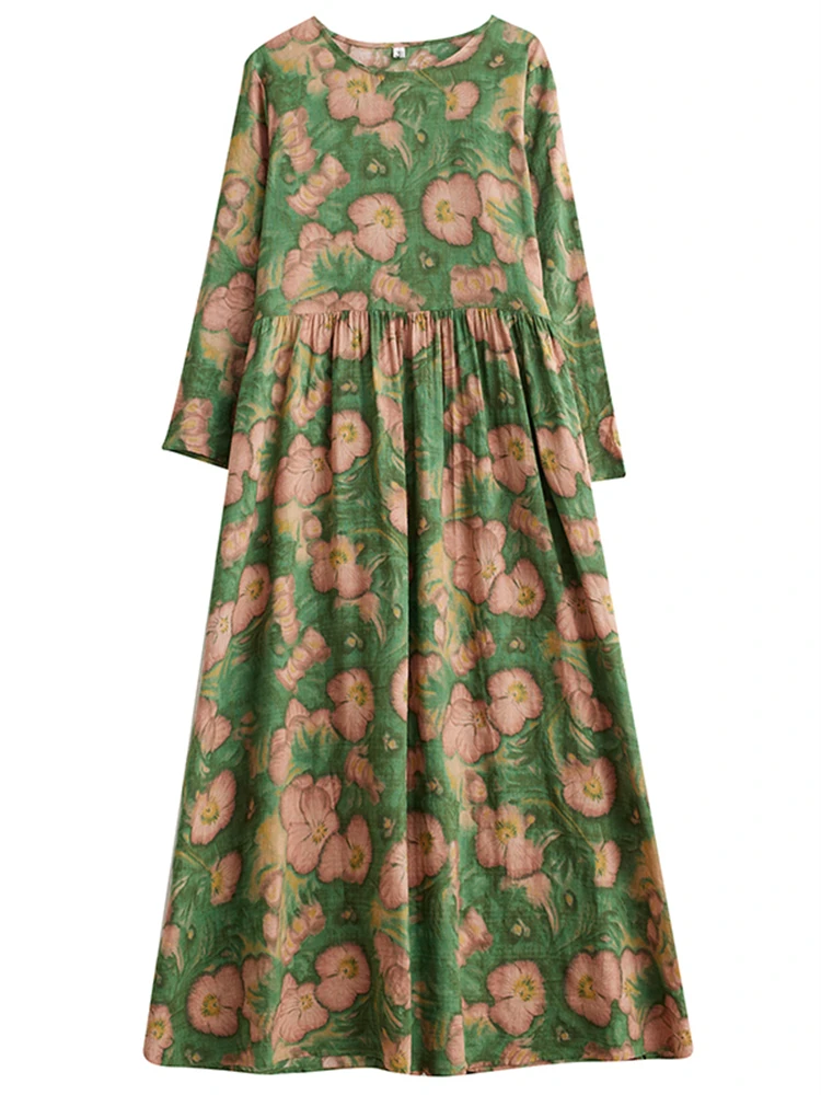Cotton Vintage Print Long Dress Women 2025 Spring Autumn Casual Loose Dresses Office Lady Femme Robe Vestidos Fashion Clothing