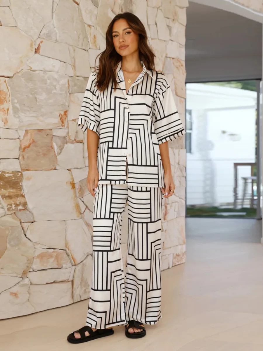 Women's 2-piece Summer New Casual Printed Long-sleeved Shirt Top Suit Fashionable Loose High-waisted Wide-leg Pants Suit