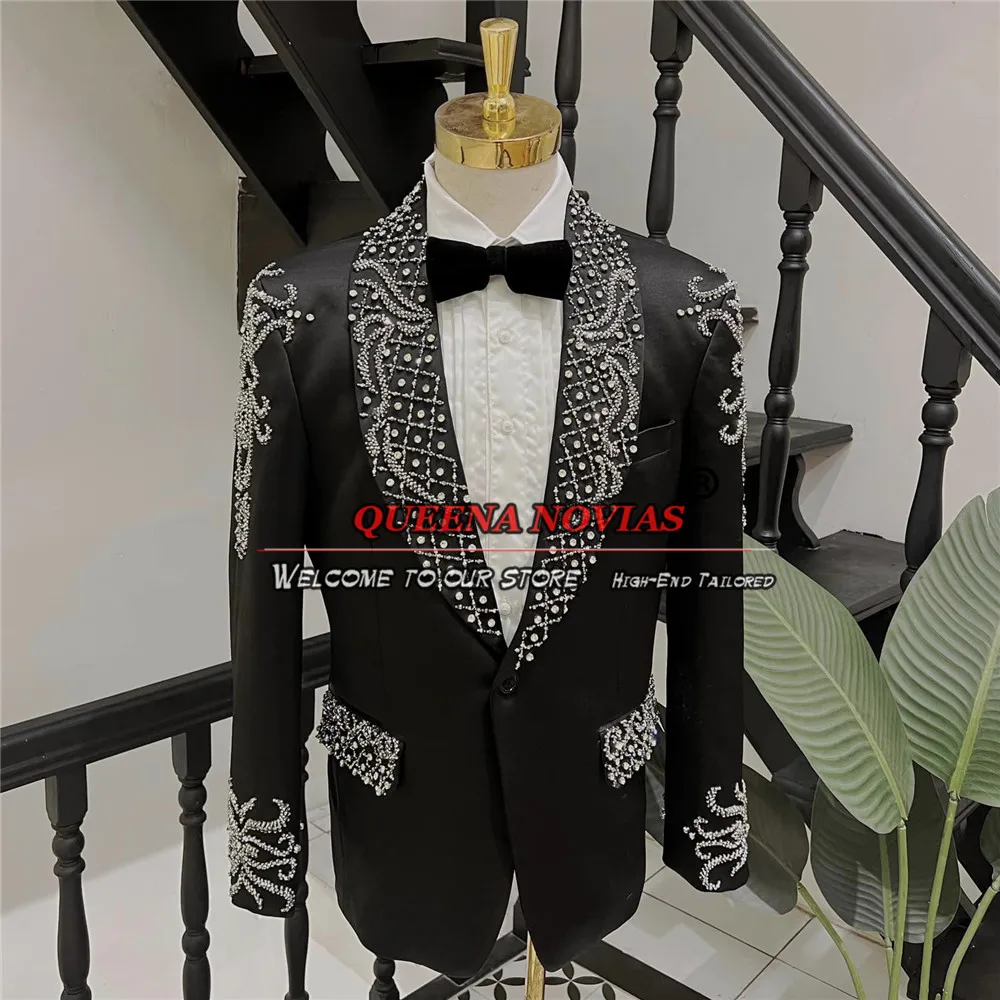 

Luxury Groom Wear Suits Men Crystals Beading Wedding Tuxedos Tailor-Made Jacket Pants 2 Pieces Man Marriage Dinner Party Blazer