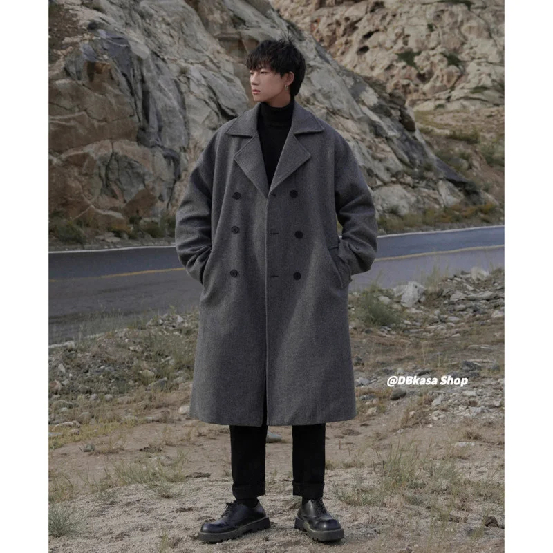 따뜻한 남성 두꺼운 패션 모직 코트, 오버사이즈 모직 트렌치 코트, 남성 루즈한 더블 브레스트 롱 모직 코트, 남성 오버 코트