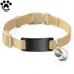Personalized Elastic Pet Collar with Engraved Nameplate, Bell & Moon Charm - (S)16 - 25cm (Khaki - 03B)
