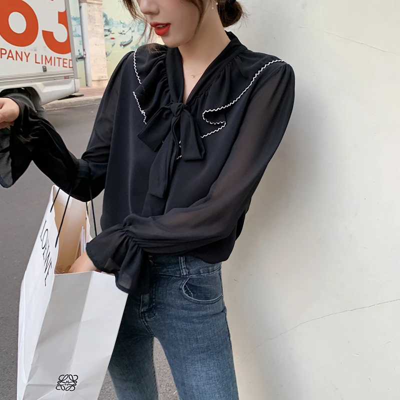Elegant Fashion Harajuku Slim Fit Female Clothes Loose Casual All Match Tops Solid V Neck Color Block Long Sleeve Chiffon Shirt