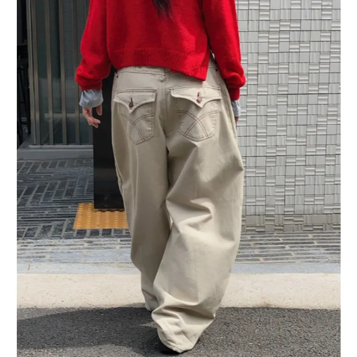 Casual Vintage Wide Leg Workwear Pants High Waist Denim Fabric All Match Loose Fit Trousers for Young Women Spring Season