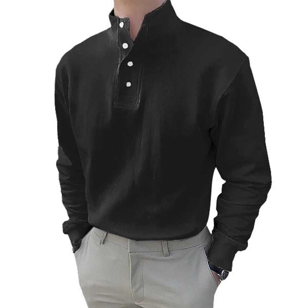 

High Quality Mens Autumn Long Sleeve Casual Button High Neck Stand Collar Solid Blouse Top Shirt Simple Split Slim Fitting Shirt