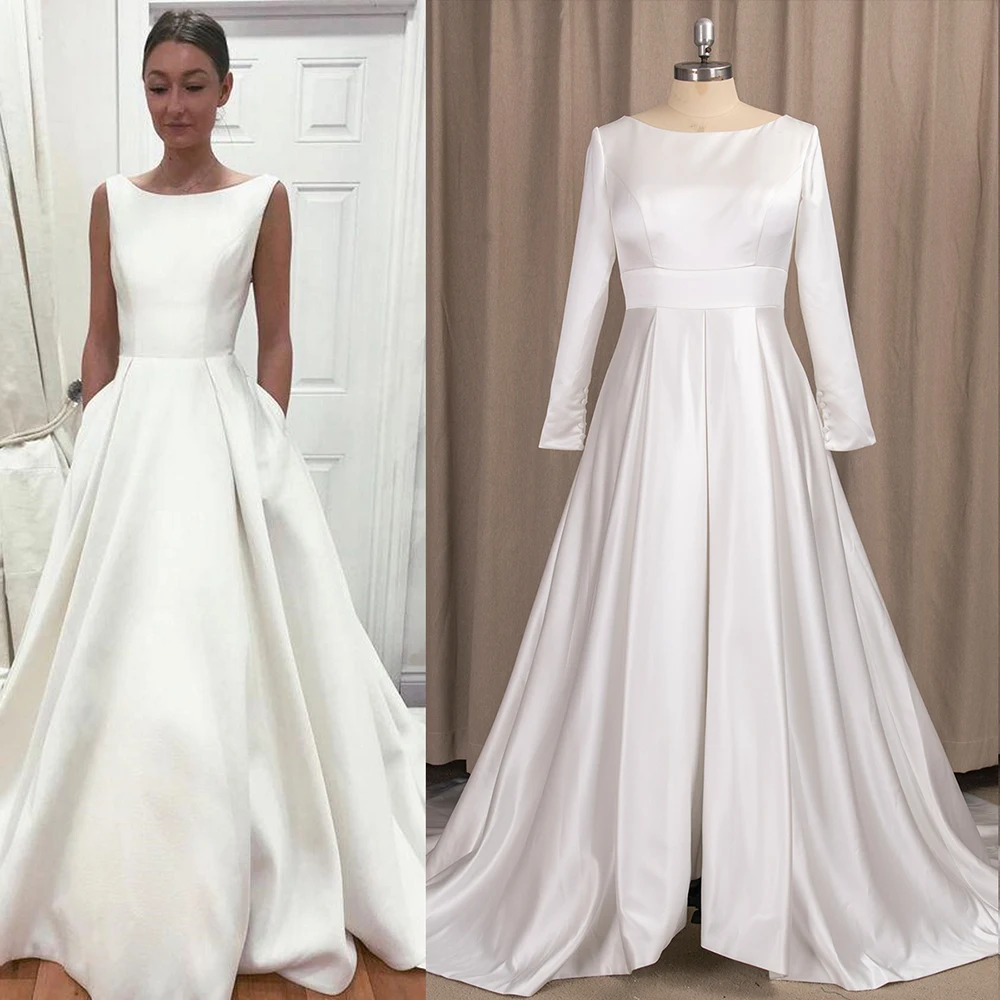 

Роскошное атласное свадебное платье с длинным рукавом и закрытой спиной, простое сдержанное свадебное платье на молнии с глубоким круглым вырезом, индивидуальный пошив