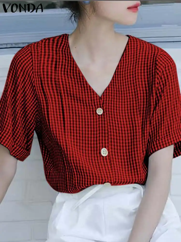 

VONDA Summer Fashion Vintage Plaid Shirts 2023 Women Elegant Tunic Tops Sexy V-Neck Checked Blouses Short Sleeve Casual Blusas
