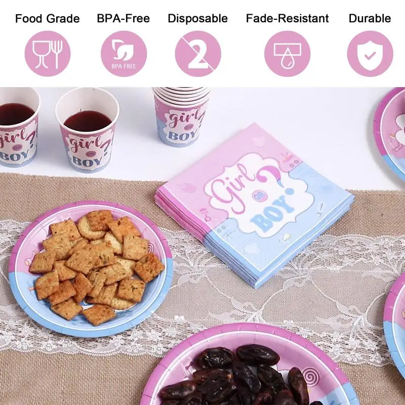 120PCS Deluxe Gender Reveal Party Supplies Kit-Includes Colorful Plates, Cups, Napkins, Paper Straws, and Tableware