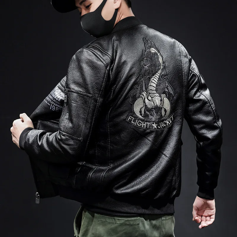 Air Force Pilot Leather Jacket Men Slim Fit Version Handsome Collar Embroidered Motorcycle Leather Jacket Men Youth Jacket Trend