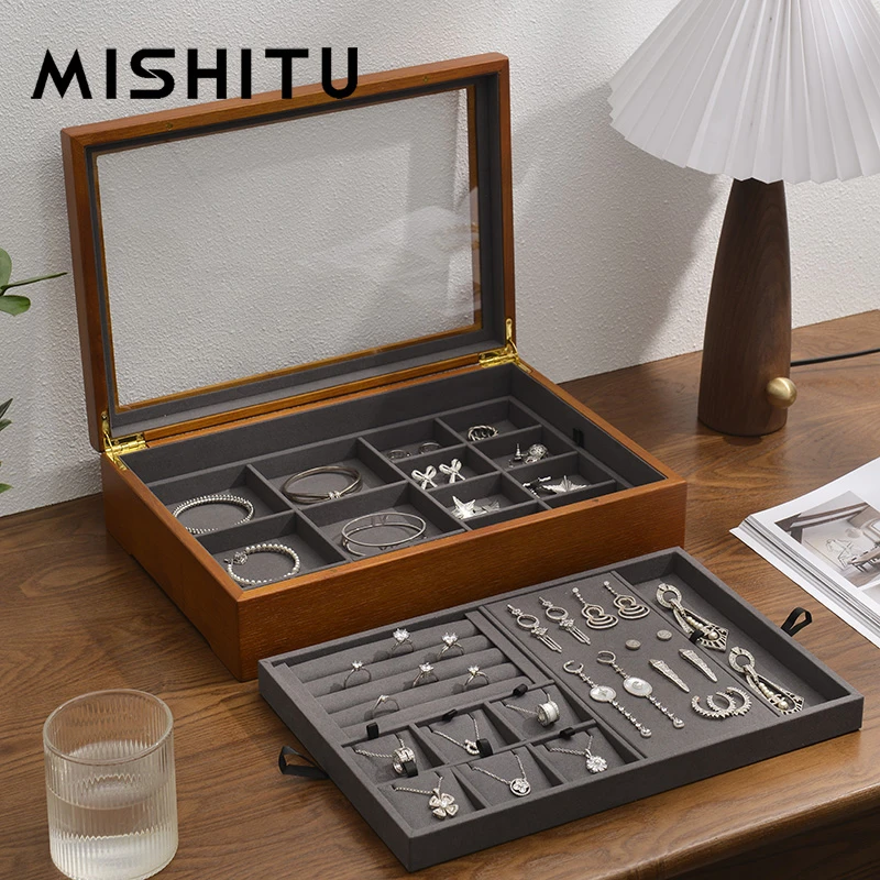 MISHITU Multifunctional Doublelayer Solid Wood Jewelry Box With