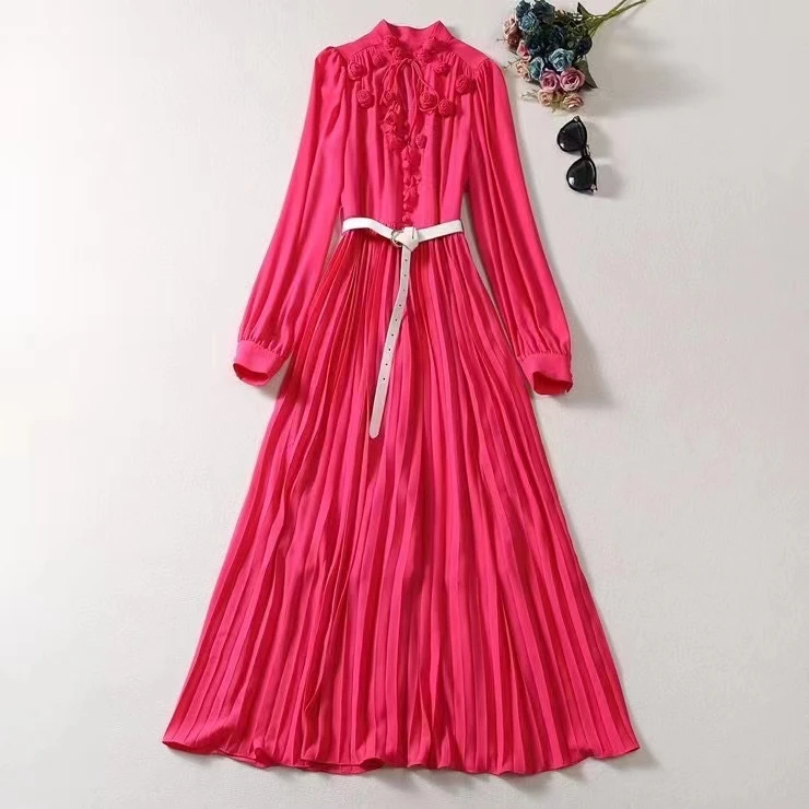 

European and American women's clothing 2023 autumn new Long sleeve stand collar tray flower Fashion Belt Pleated dress XXL