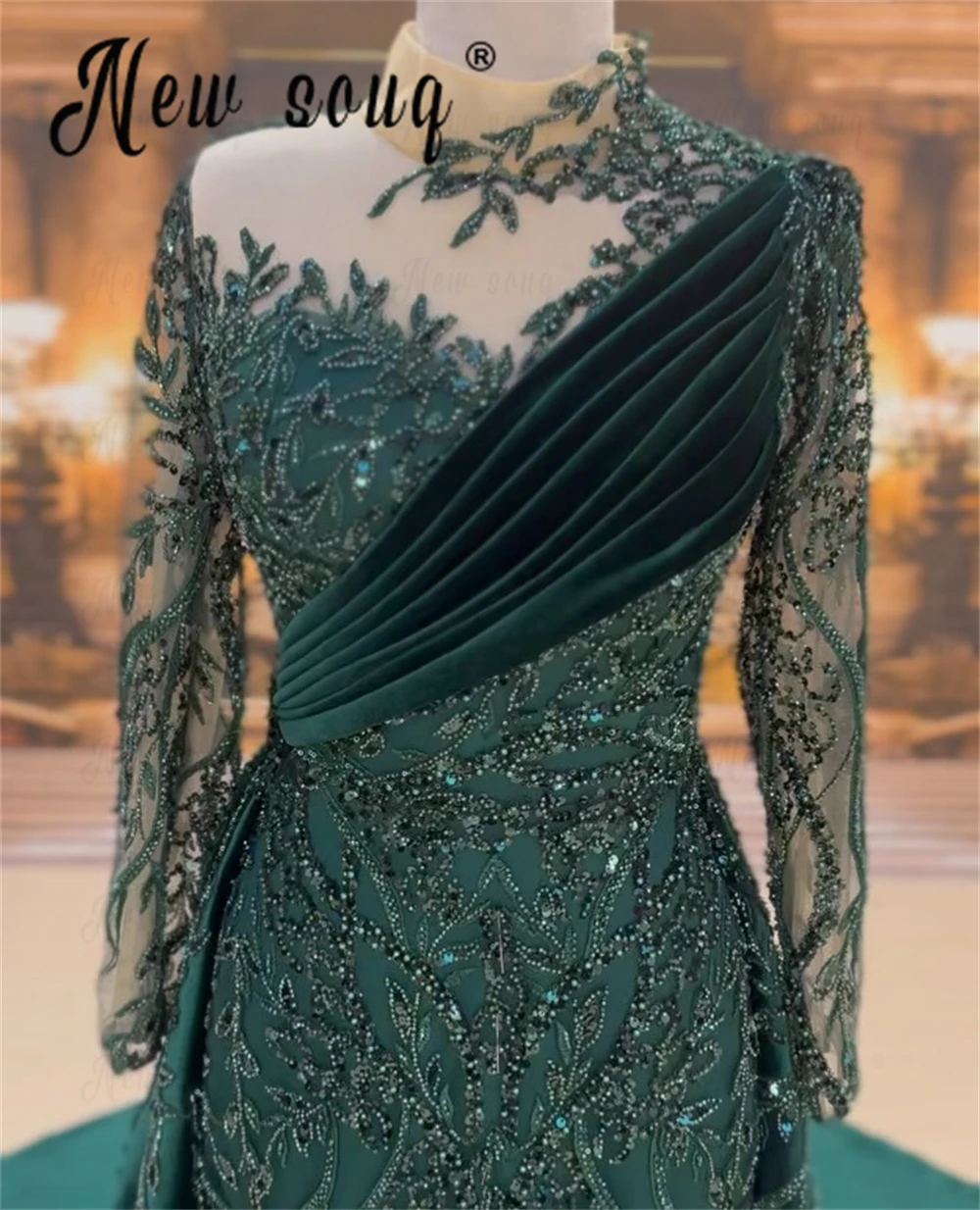 High Neck Emerald Green Evening Dress With Long Overskirt Luxury