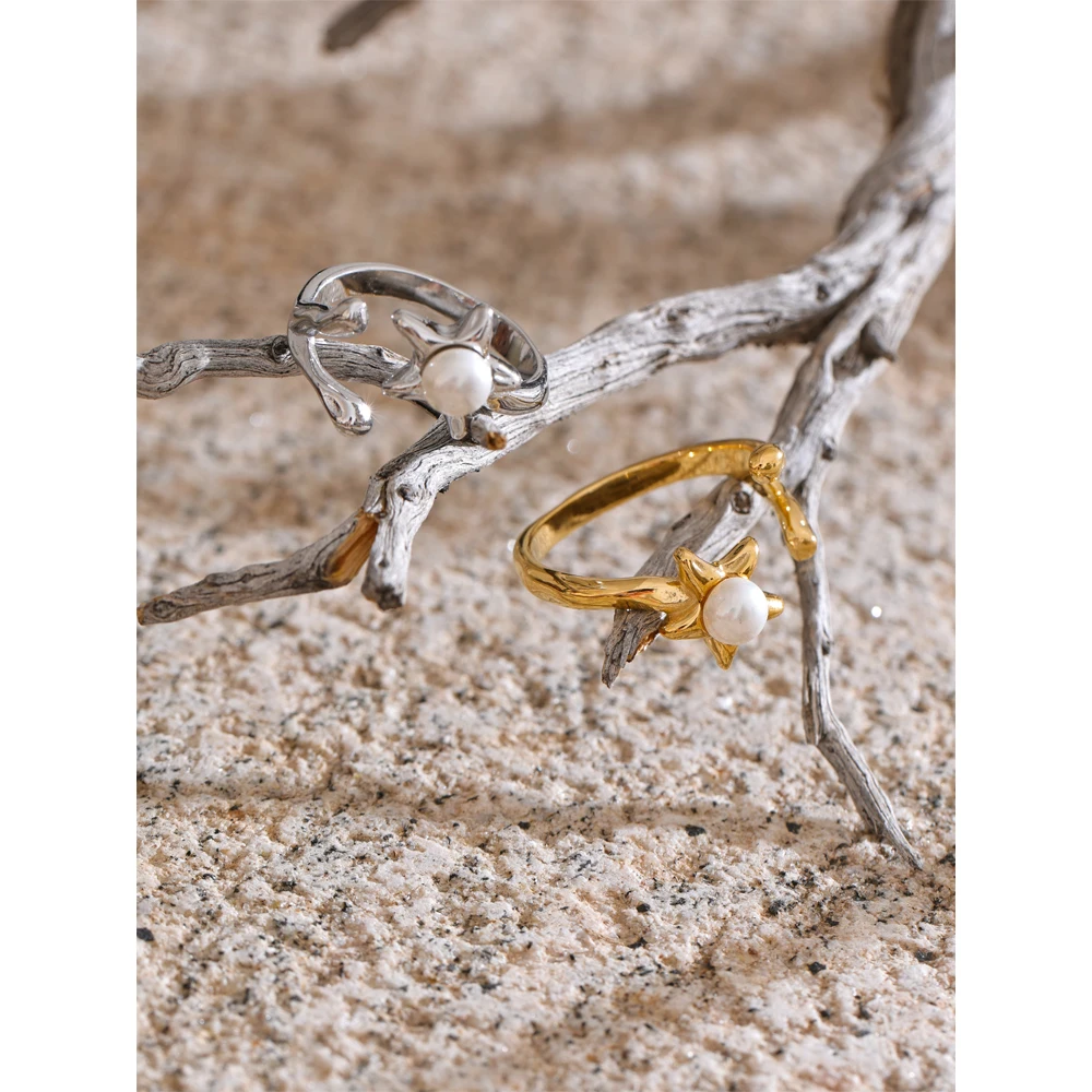 Yhpup Stainless Steel Simulated Pearl Flower Ring