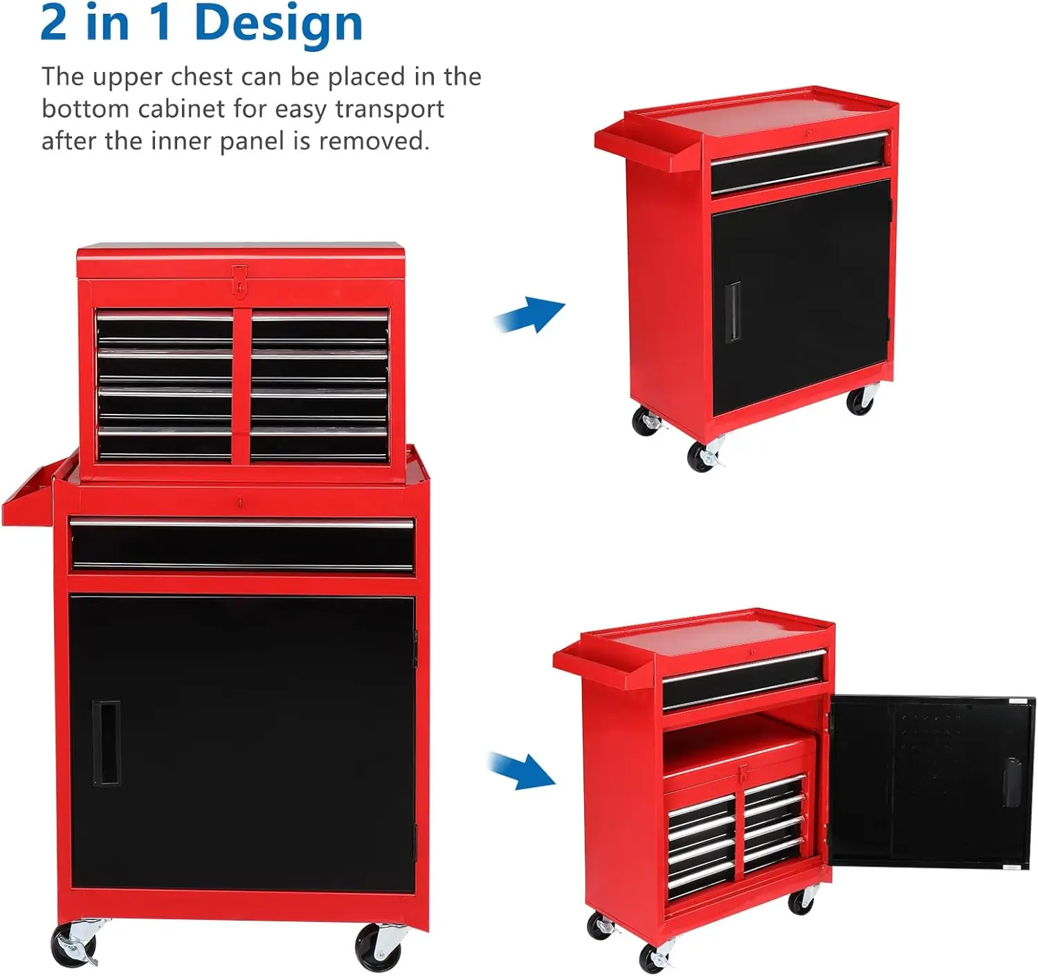 5-Drawer Rolling Tool Chest Storage Cabinet Detachable Top Adjustable Shelf Mechanic Tool Organizer Box