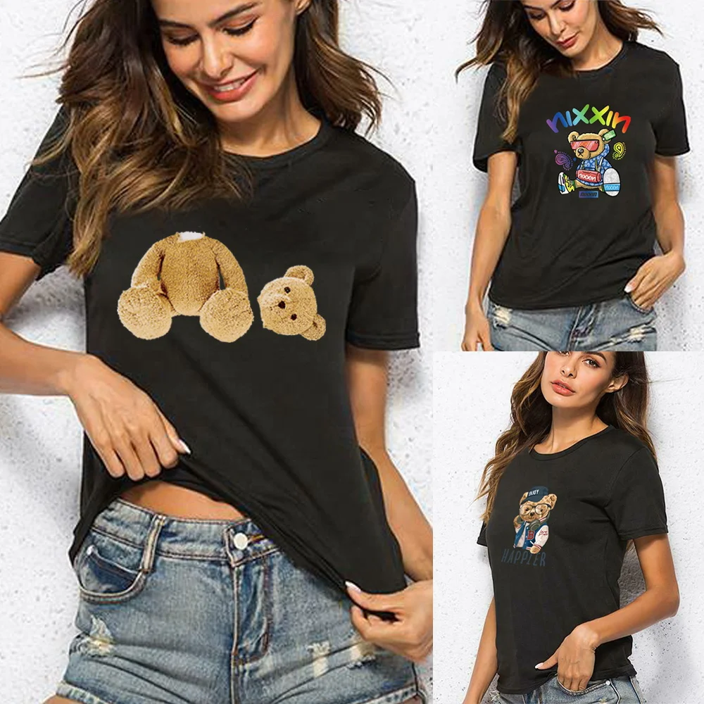 

Women T-shirt Letter Series Print Black Short Sleeve Commuter Top Female O-neck Street Personality Trend Wild Loose Tee Clothing