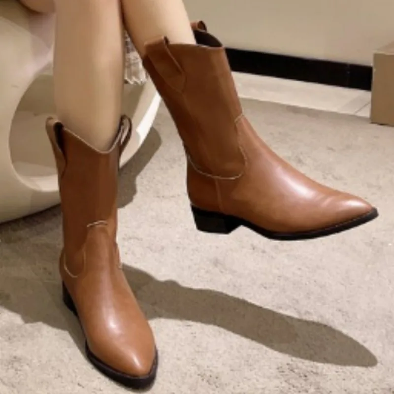 Shoes Female 2023 Plus Size Women's Boots Mid-Calf Modern Boots Women Solid Slip-on Pointed Toe Square Heel Retro Female Shoes
