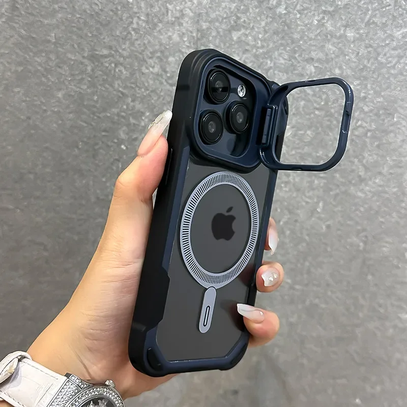 Armor Fold Lens Stand Magnetic Case for iPhone - Transparent Back