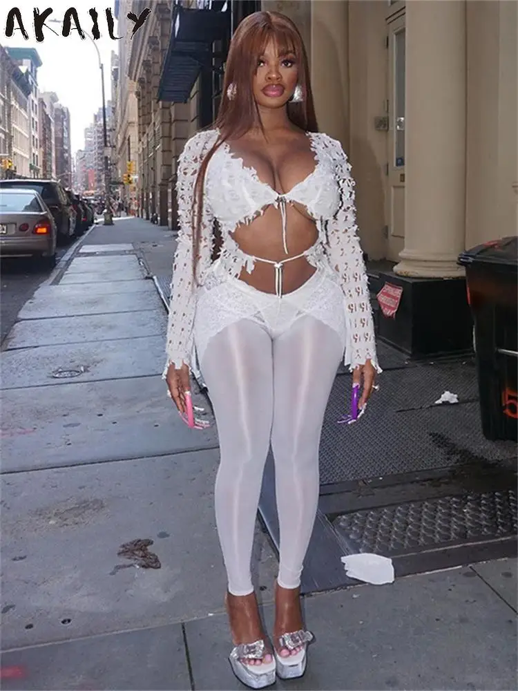 

Akaily Sexy White 2 Two Piece Pants Set Causal Outfit For Women 2023 Fall Fashion Bandage Crop Top Lace Mesh Patchwork Pants Set
