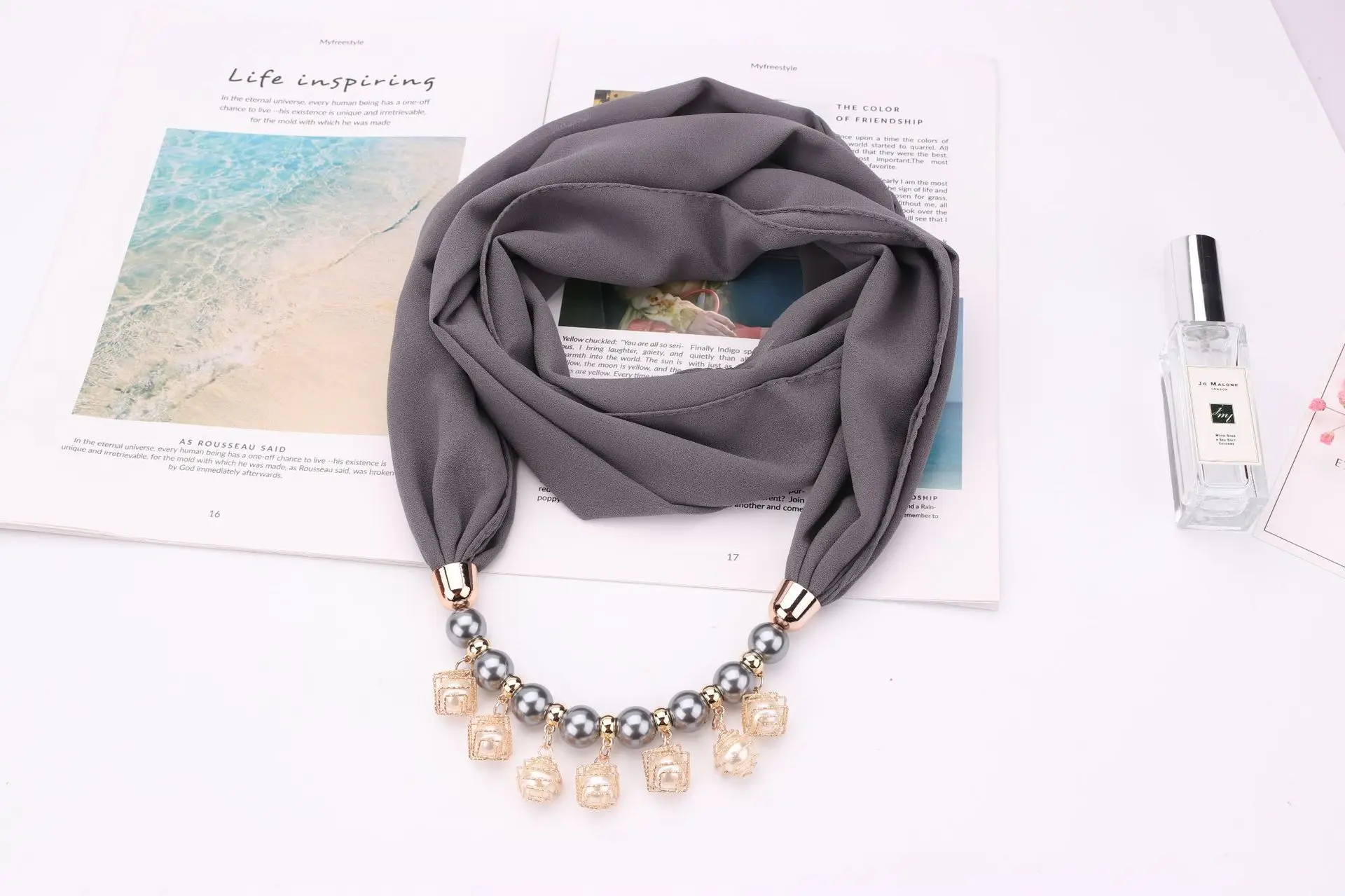 S956edb26c3704ee393415f34726960dcj Women Chiffon Neckerchief Hijabs Scarf Necklaces Beads Pearls Solid Color Jewelry Shawl Pendant Scarves Bohemia Head Scarf Mallzona