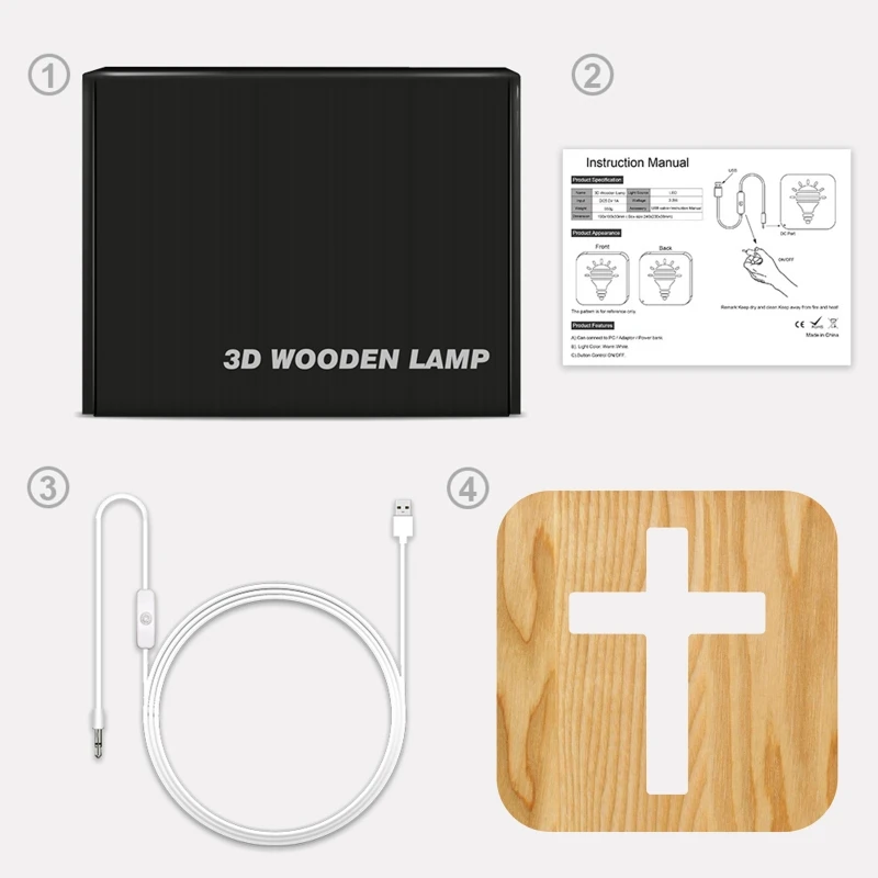 3D Solid Wooden Bedside Lamp Cross USB Night Light LED Table Lamp Novelty Kids Bedroom Coffee Shop Decoration Christian Gift