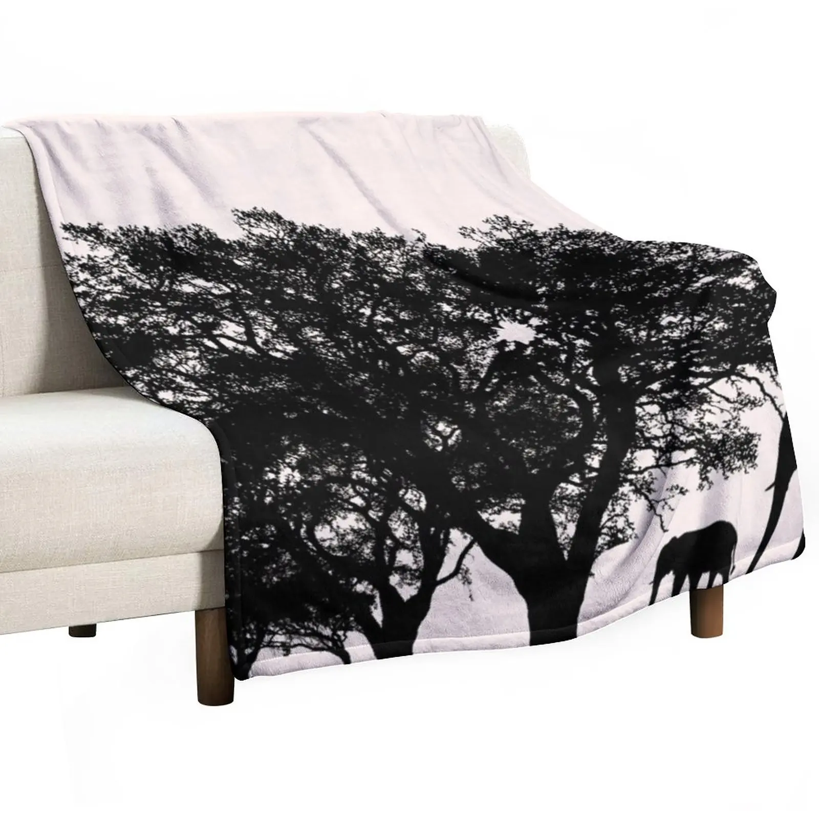 

Mama And Baby Elephant Walking On The Jungle Silhouette Throw Blanket Retro Blankets For Sofa