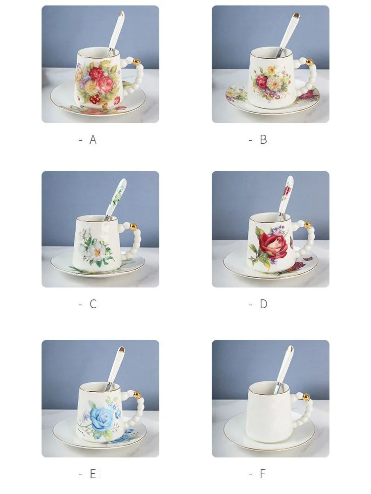빈티지 세라믹 컵 & 소서 세트(스푼 포함) - 홈 장 180ml 프렌치 꽃무늬 도자기 티 세트