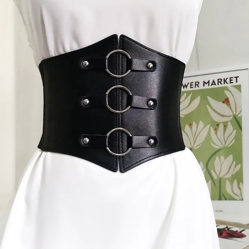 Women Lady Tied PU Leather Corset Waist Wide Belt Cincher Elastic Stretchy  Band