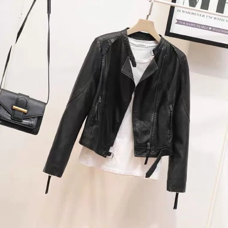 Leather Jacket Women Zipper Motorcycle Jacket Streetwear PU Leather Coat Belt Short Tops Stand-up Collar Black Outerwear Korean