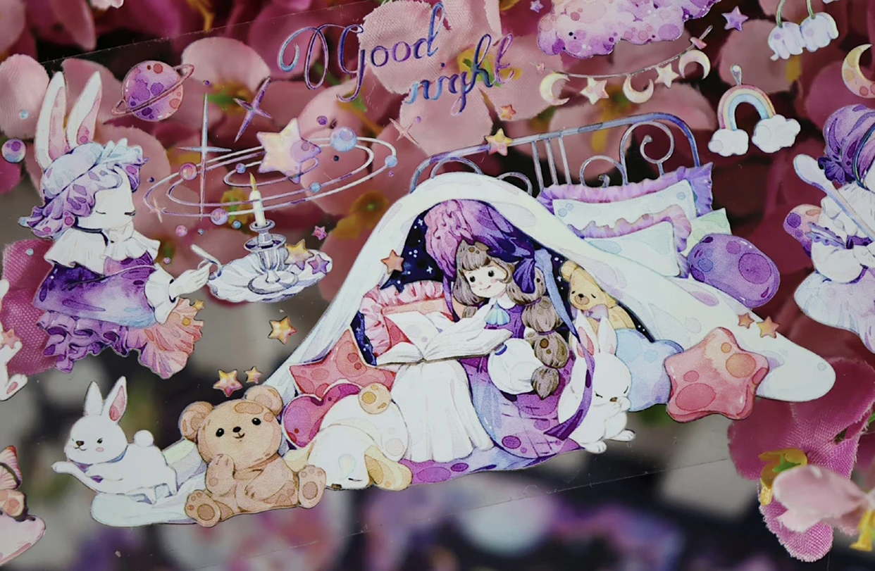 

Lovely Bear Bunny Girl Night Party Rainbow Shiny Washi PET for Card Making DIY Scrapbooking Plan Decorative Sticker