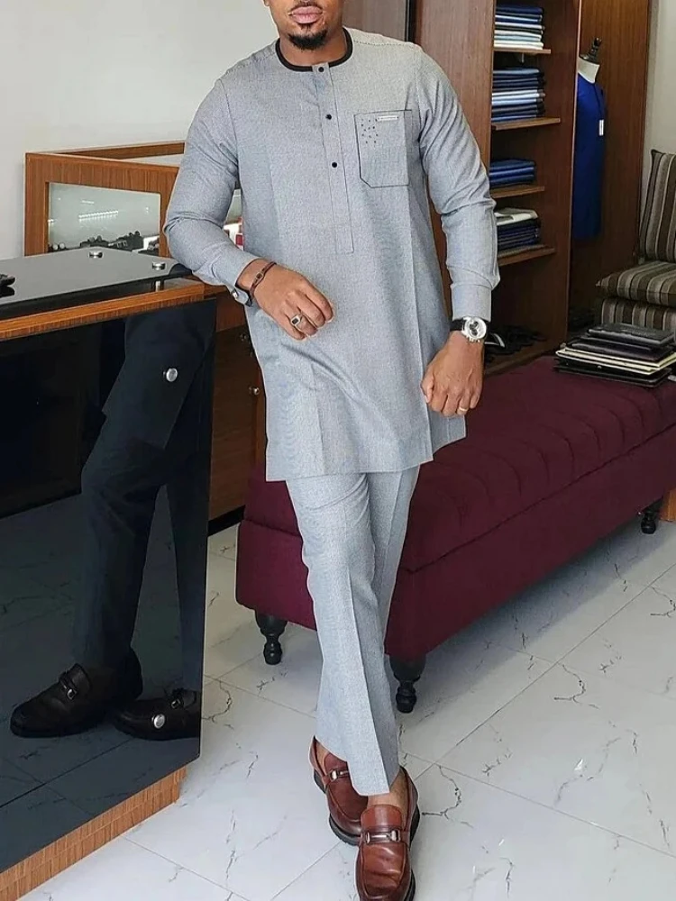 

Men's luxury fashion casual grey geometric print two-piece set