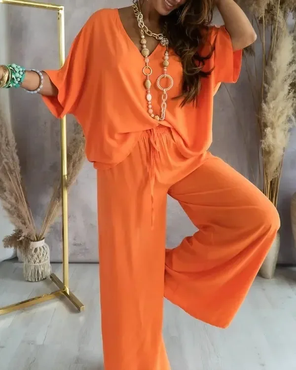 

2024Summer Women Two Piece Set Casual Loose Fashion V-neck Pants Elegant Batwing Sleeve Homewear Outfits 2 Piece Sets for Female
