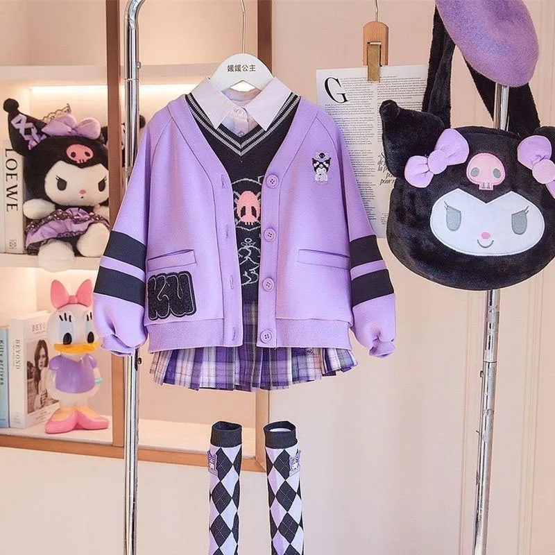 

2024 Sanrio Kuromi Kawaii аниме весна осень зима новый костюм для девочек симпатичная детская теплая юбка пальто комплект из двух частей игрушки для детей