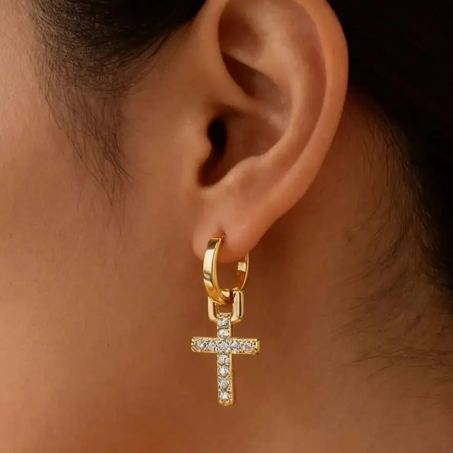 Zircon Cross Dangle Earrings Stainless Steel Women