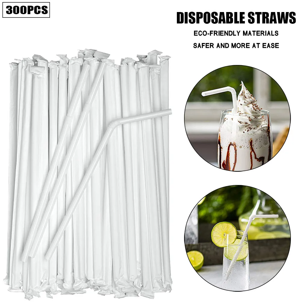 Disposable plastic straws Individually Packaged Plastic Straws White Flexible Straw Juice Yogurt Straw Kitchenware Straws Bar Drink Accessories 100-300PCS