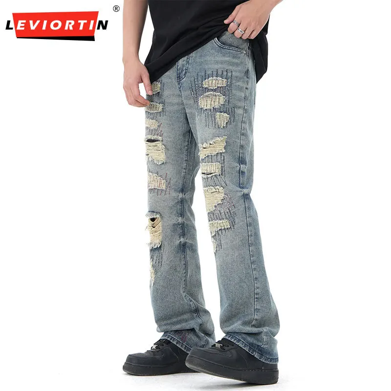 

Streetwear Hole Distressed Straight Men's Jeans Pants Y2K Unisex Clothes Harajuku Ripped Hip Hop Baggy Oversized Denim Trousers