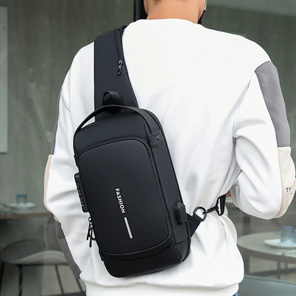 Fashion Men Chest Bag Anti-theft Tape Bag Portable Backpack with USB Charging Port Male PU Shoulder Outdoor Sports Crossbody Bag