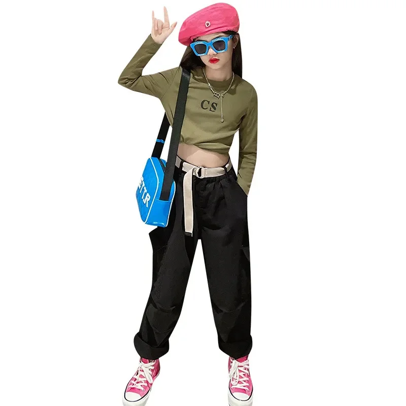 

Fashion Casual Suit for Girls Spring New Crewneck Top + Cargo Pant 2pcs Teens Clothes Letter Print Long Sleeve T-shirt Set 4-14Y