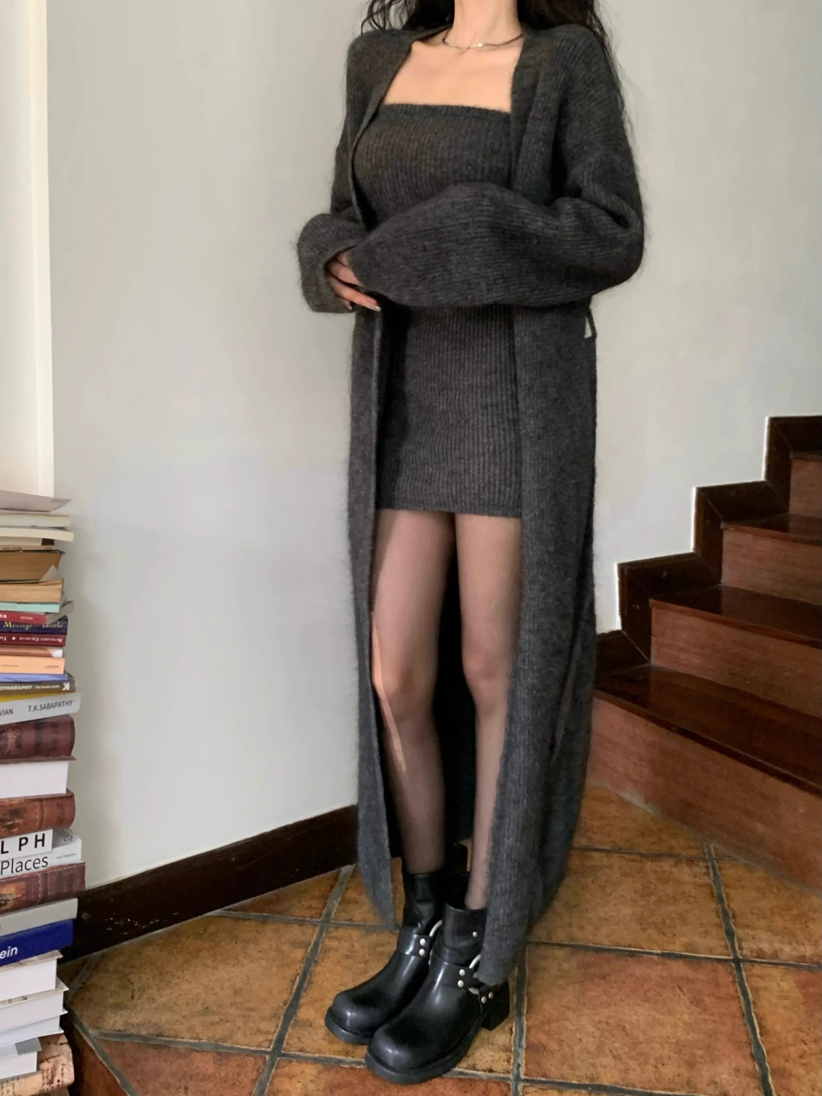 Autumn Winter New Knitted 3-piece Skirt Set Women Solid Long Cardigan Strapless Crop Top Mini Skirt Y2K Korean Chic Knitwear New