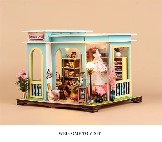 ドールハウス完成品オーダー。tailorshop 大人、テーラーショップ、家具付きのDIY木製ミニチュア