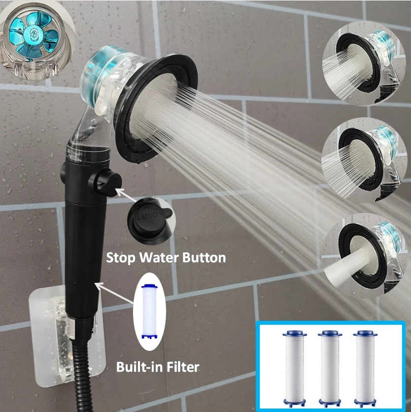 Turbo Propeller High Pressure Water Saving Shower 3 Modes Fan Rain